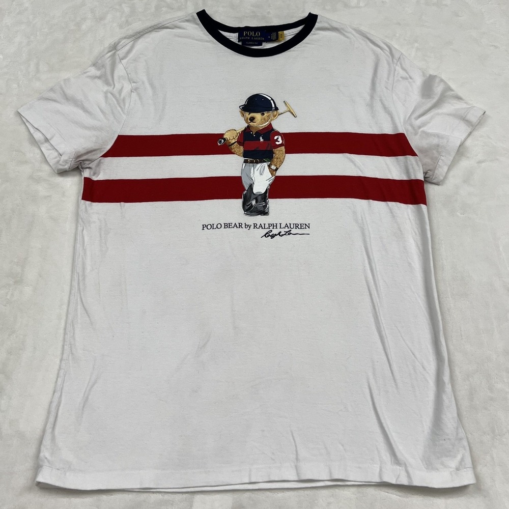 Polo Ralph Lauren Graphic T-Shirt Mens M White Polo Bear Red Stripe Ringer Tee
